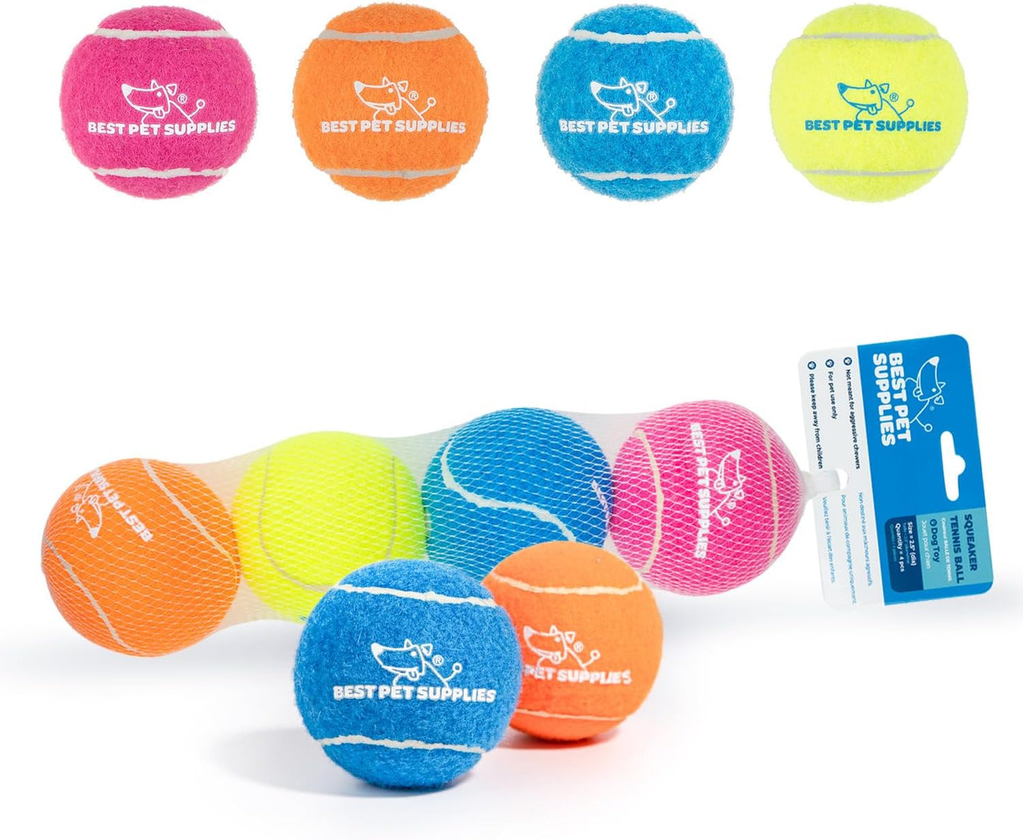 Best Pet Supplies Interactive Squeaky Dog Chew Toy, Ideal Dog Toys for Chewers, Small, Medium & Large Dogs, and Fetch Lovers - Tennis (Assorted Color), Medium (Pack of 4)