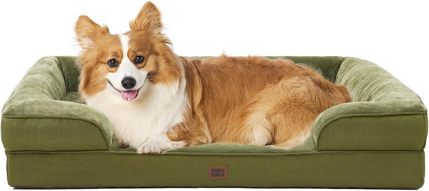 EHEYCIGA Orthopedic Dog Beds Large Sized Dog, Waterproof Memory Foam Pet Bed with Sides, Non-Slip Bottom Large Pet Bed with Washable Removable Cover, Olive Green