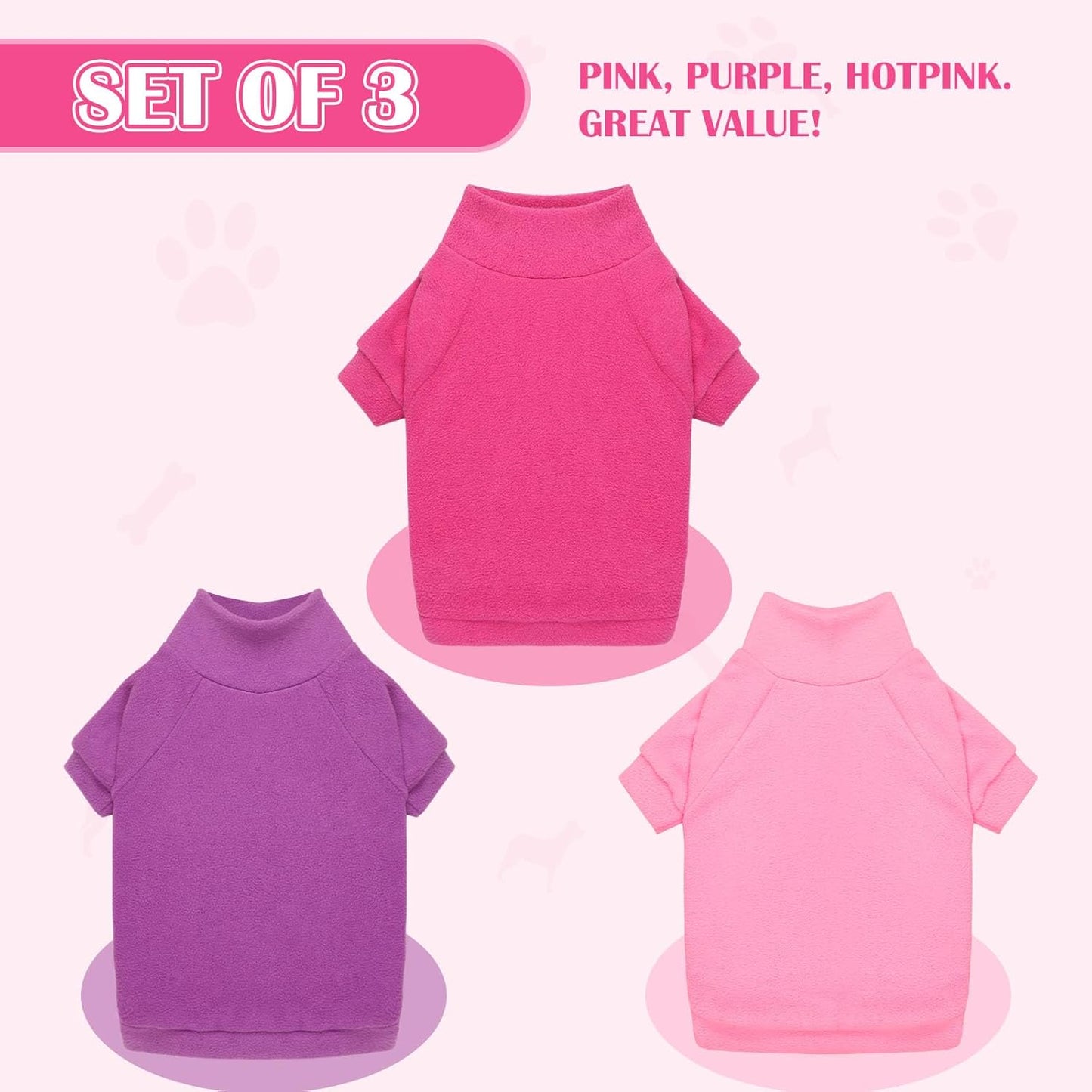 3 Pack Dog Sweaters for Medium Dogs, Fleece Dog Sweater Turtleneck Soft Warm Pet Sweatshirt Clothes Medium Sized Boy Girl Pet(Pink+Hotpink+Purple,M)