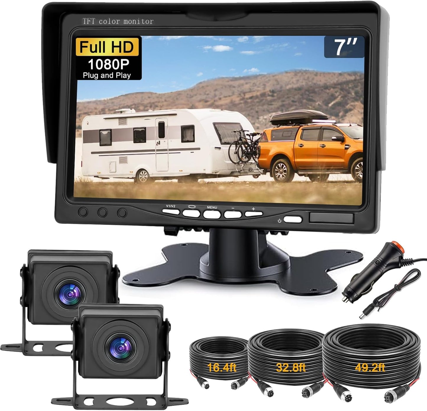Kairiyard 7 Inch HD 1080P Backup Camera, 2 Channel, DIY Grid Lines 150° Wide Angle Reverse Rear View Camera Wired Back up Camera System for Truck RV Car Trailer Camper Tractor