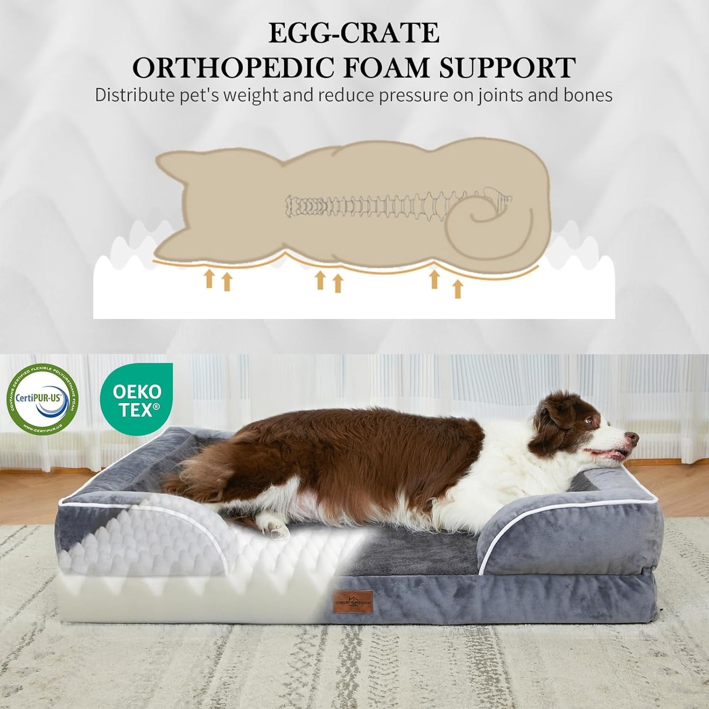 Comfort Expression XL Dog Bed with Bolster, Waterproof Orthopedic Foam Dog Beds for Extra Large Dogs, Washable Dogs Sofa Pet Bed with Removable Cover & Non-Slip Bottom(X-Large,Dark Grey)