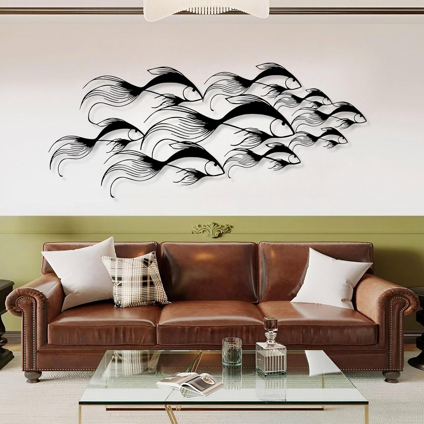 School of Fish Metal Wall Art, Metal Fish Wall Decor, Sea Life Wall Art, Large Nautical Wall Hanging, Modern Beach House Wall Decor, Ocean Themed Artwork for Bathroom (Black, 41"x18" | 105x45cm)