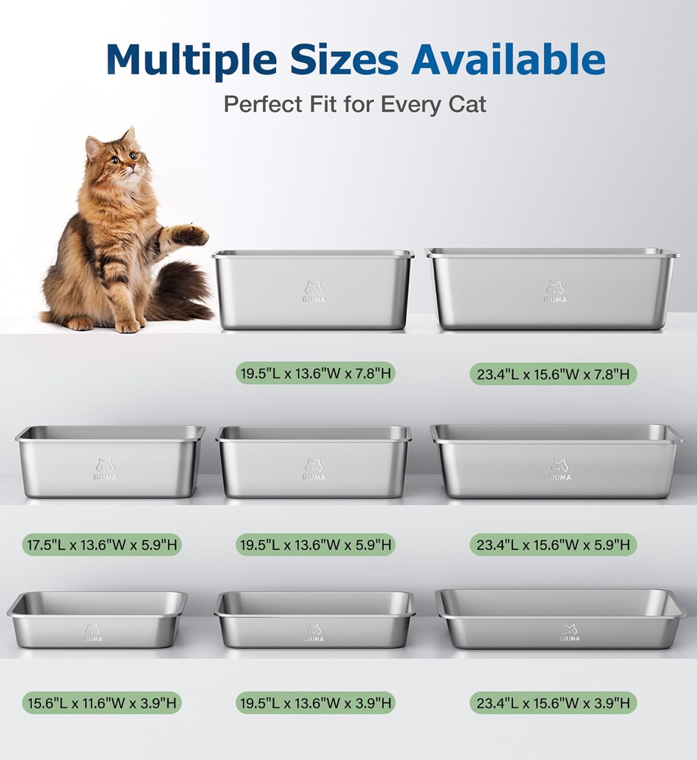Stainless Steel Litter Box, Large Metal Cat Litter Box with High Sided for Big and Small Cats, Non-Stick, Easy to Clean, Odor-Free, 19.5" L×13.6" W×5.9" H, Leaf Green
