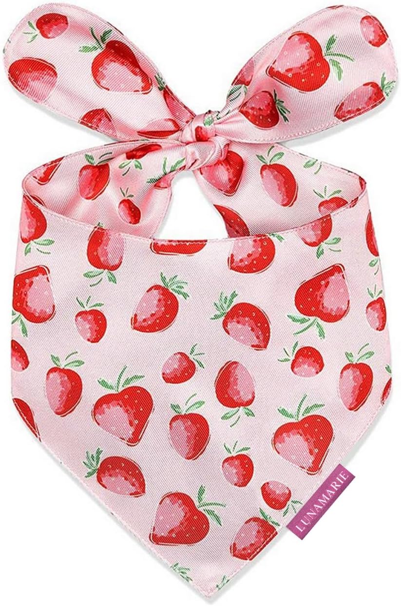 LunaMarie - Luxury Dog Bandanas - Cute Unique Designs | Premium & Silky Poly Fabric | 100% Handmade Custom Shape Dual Layered Small, Medium, Large Cat Scarf (Strawberry, Medium)