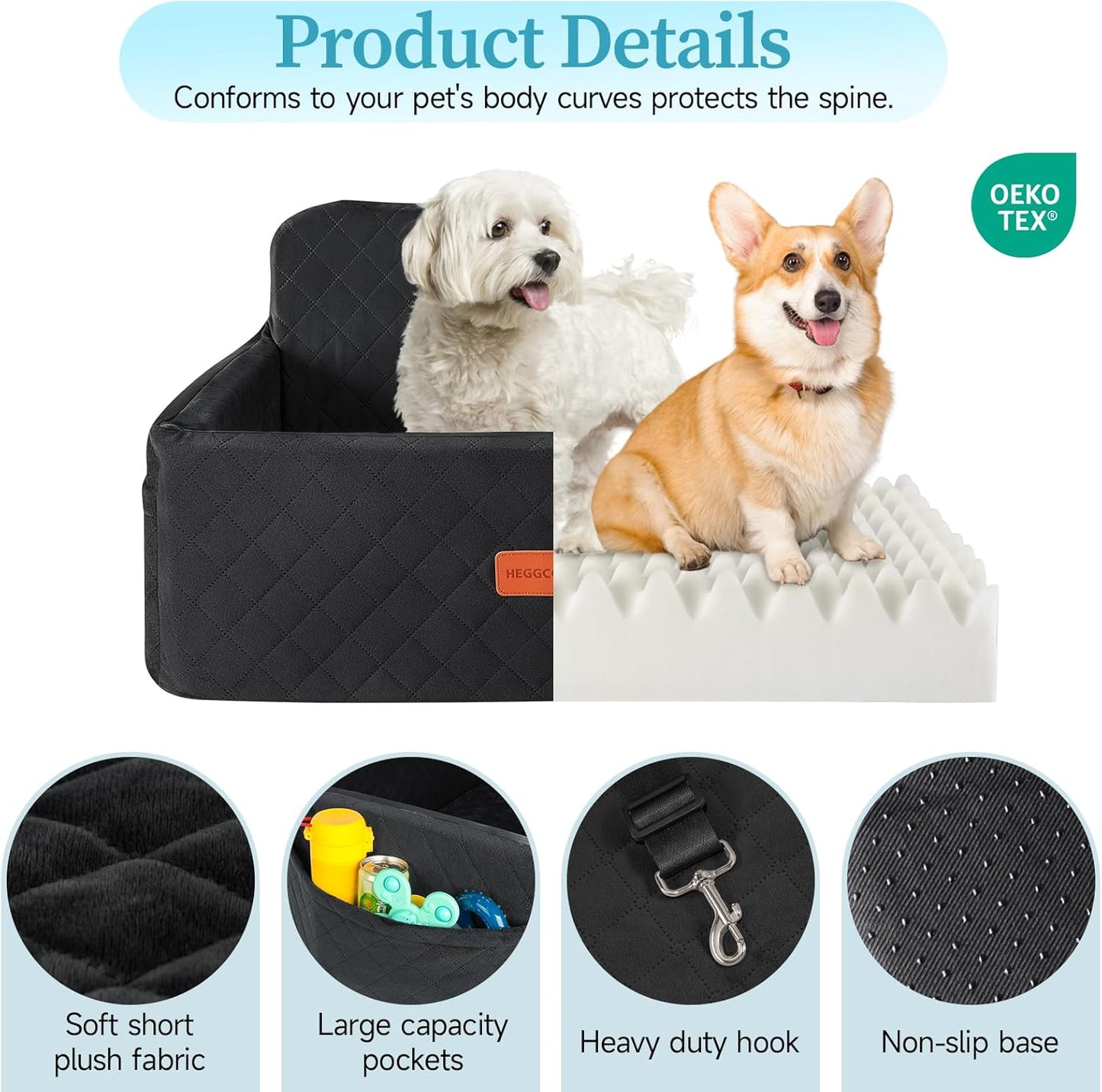Dog Car Seat for Medium/Large Dogs, Pet Booster Seat for Under 55 lbs or 2 Small Dogs, Detachable & Washable Dog Car Bed for Backseat with 2 Safety Leashes(Black)
