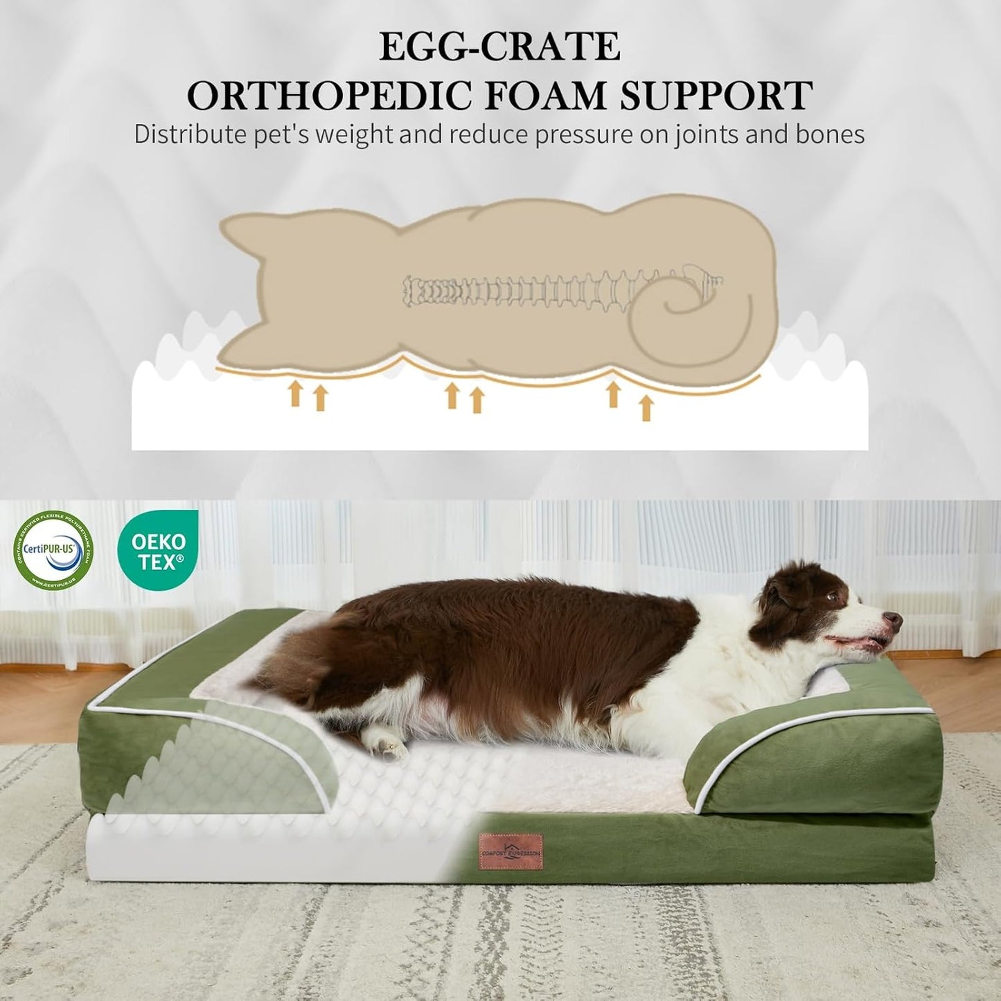 Comfort Expression Large Dog Beds Waterproof Orthopedic Foam Dog Sofa Beds Comfy Pet Bed with Washable Removable Cover & Non-Slip Bottom(Large,Light Green)