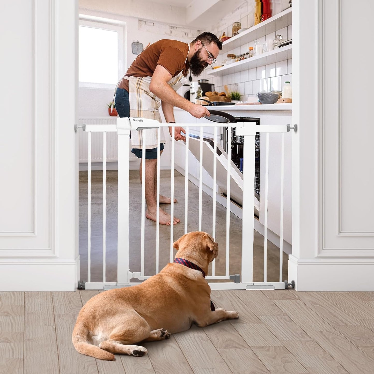 Babelio Metal Baby Gate, 29-43" Auto Close Easy Install Pet Gate, Extra Wide Walk Thru Child Safety Gate, 30" Tall Pressure Mounted Dog Gate for Doorways & Stairs, White
