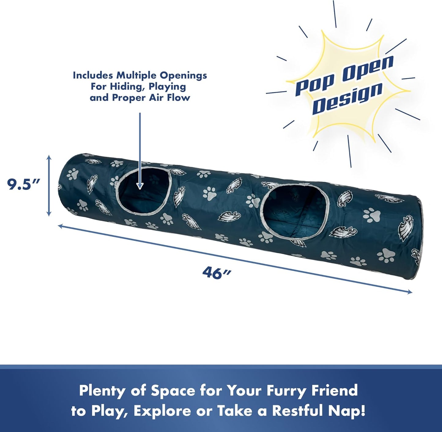 NFL Philadelphia Eagles Cat Tunnel Tube Toy with Plush Football Catnip and Feathers Collapsible Tunnel for Cats to Play, Peek and Hide, Sporty & Fun Cat Tunnel Toy with Team Logo All-Over Design!