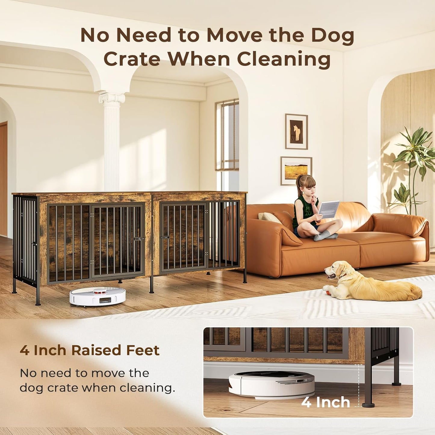 78 Inch Dog Cage Furniture for 2 Large/Medium Dogs with Removable Divider, Extra Large Double Doors Dog Kennel, XXL Thick Wooden Dog cage Furniture, Durable and Sturdy, Brown
