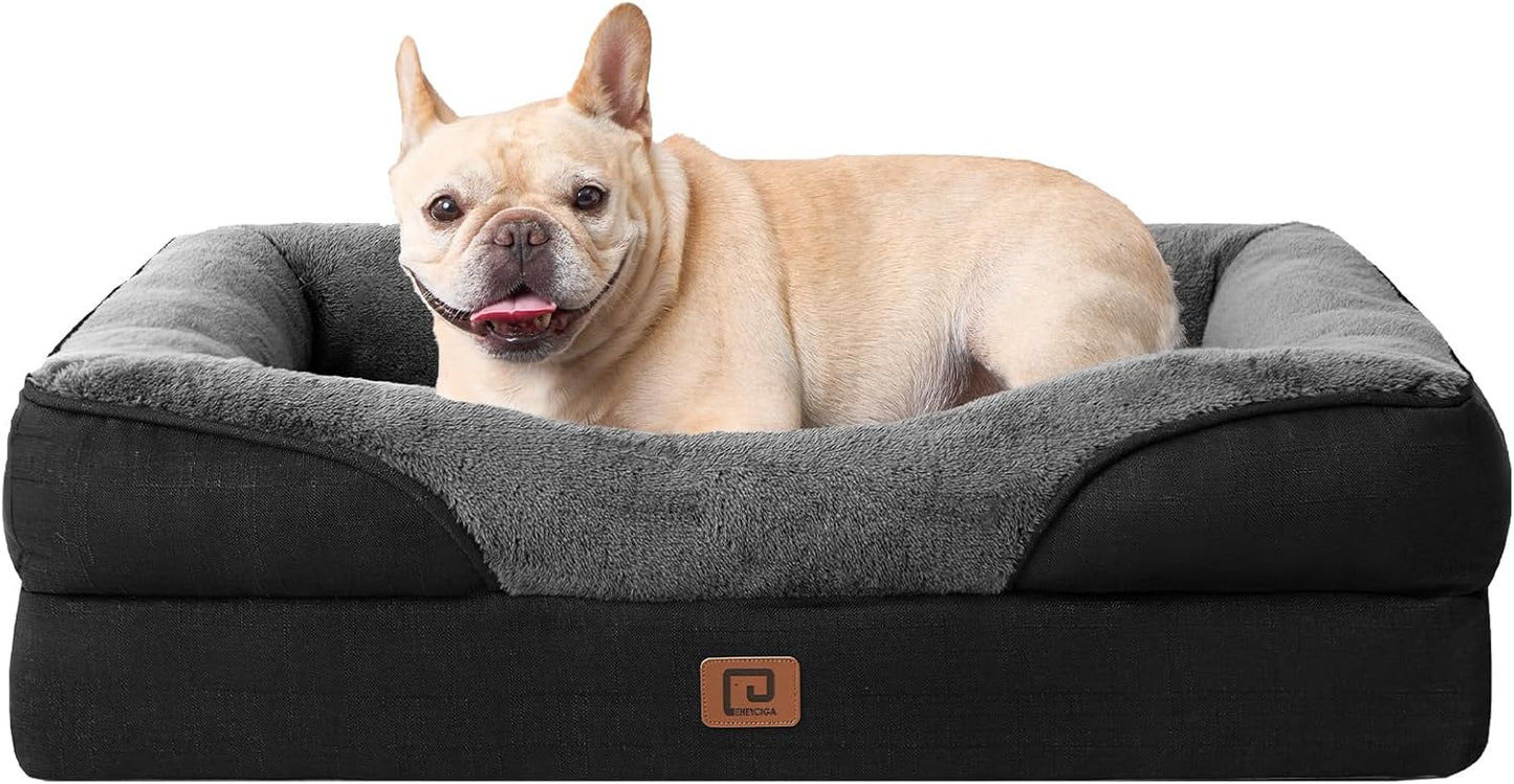 EHEYCIGA Memory Foam Dog Bed for Medium Size, Orthopedic Dog Sofa with Sides and Waterproof Liner, Washable Bolster Pet Bed Couch with Removable Cover, 30x20x6.5 Inch, Grey/Black
