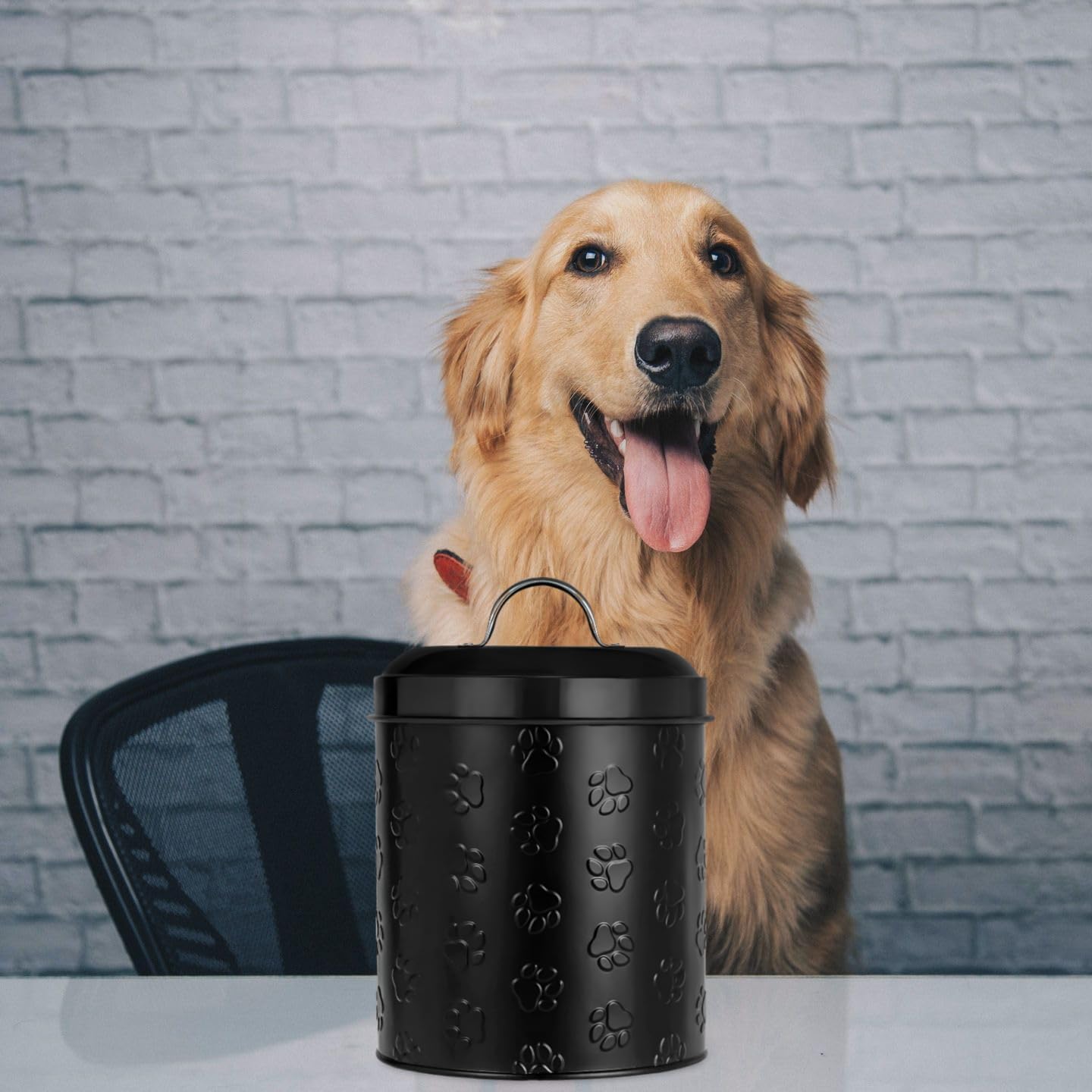 Amici Puppy Paws Embossed Pet Food Canister, Pet Storage Containers, Airtight Lid, Dog Treat Jar, Rustic Metal Treat Canister for Kitchen Counter (Black, 104 Oz)