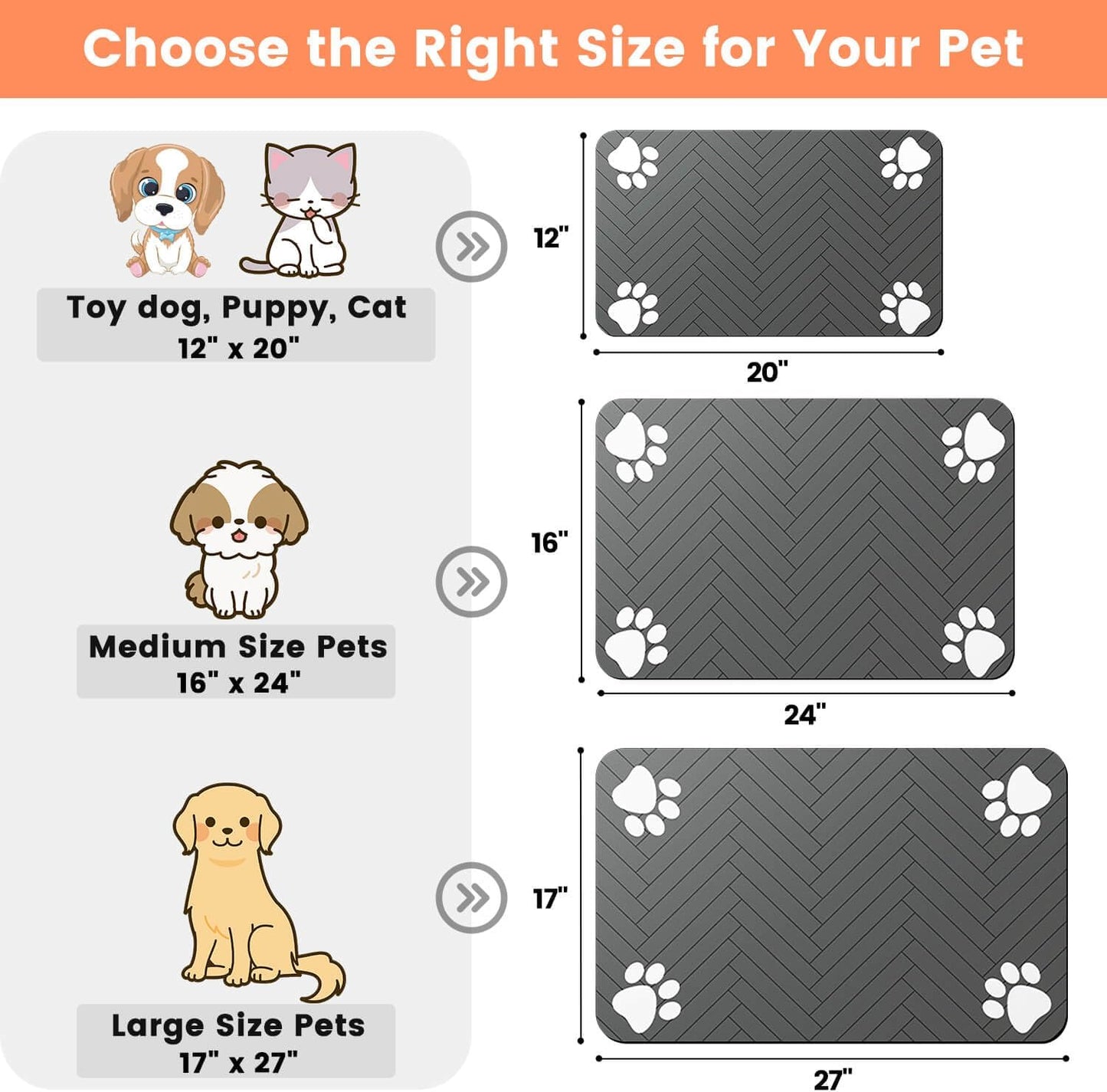 Pet Feeding Mat-Absorbent Pet Placemat for Food and Water Bowl, with Waterproof Rubber Backing, Quick Dry Water Dispenser Mat for Dog and Cat (16"x24", Striped Dark Gray)