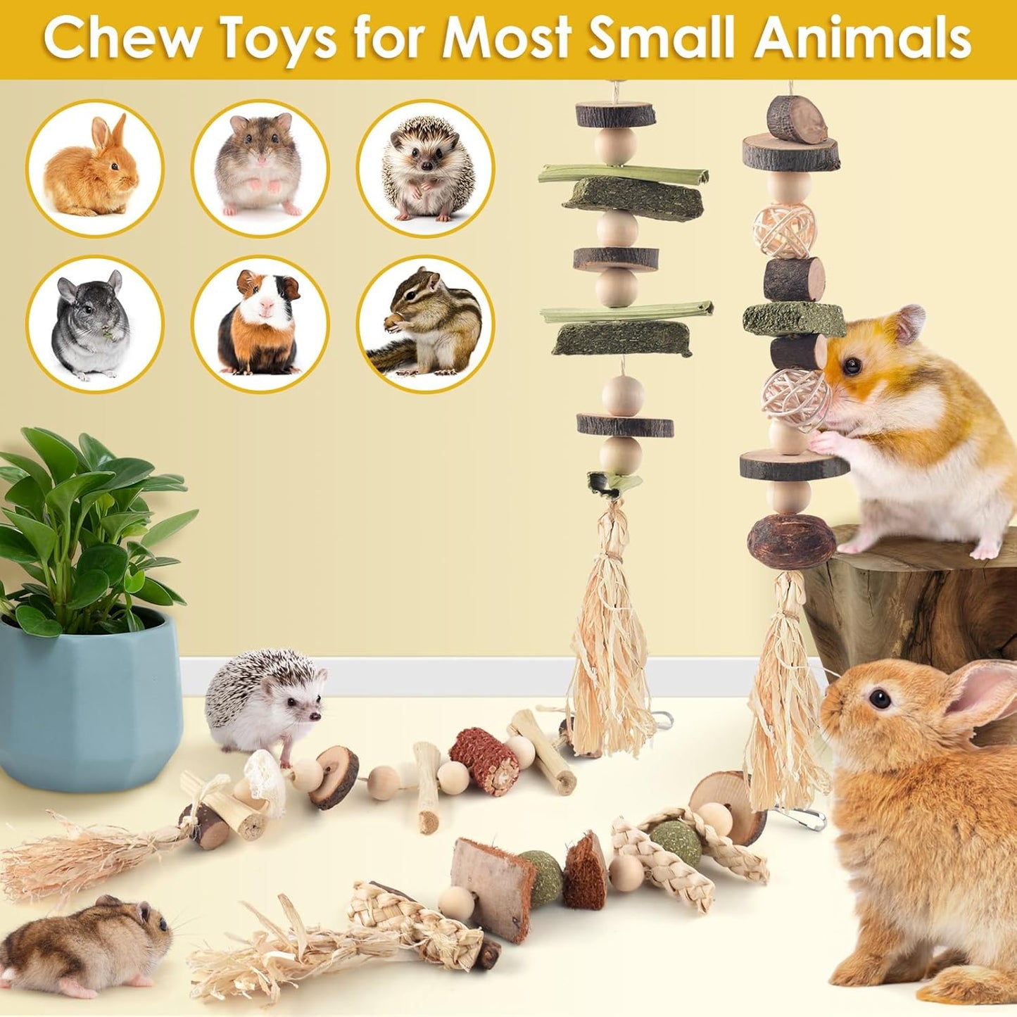 4 Pcs Bunny Chew Toys for Teeth, Hanging Rabbit Chewing Toy Treats with Timothy Grass & Natural Apple Wood, Improve Small Rodent Dental Health for Guinea Pig Hamster Chinchilla Rat Gerbil