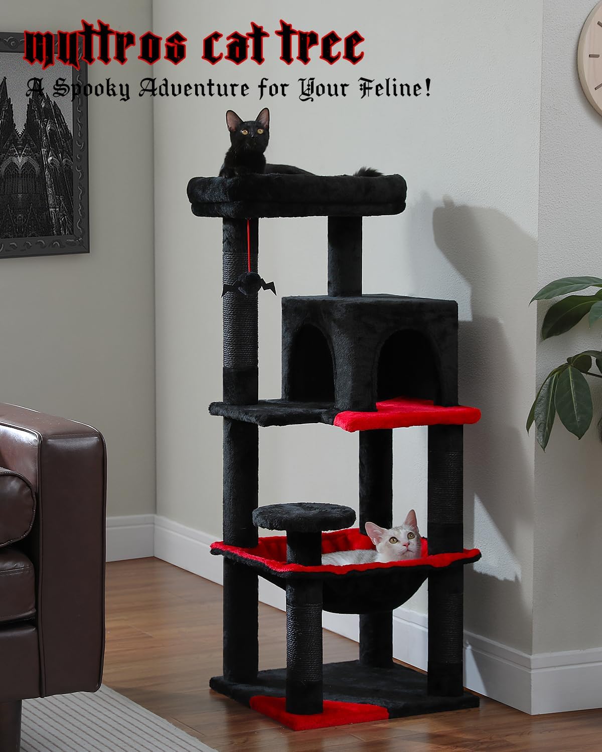 Gothic Cat Tree with Super Large Hammock, 45.7" Black Cat Tower with Coffin Bed, Cat Condo, Sisal Scratching Posts & Top Perch, Multi-Level Goth Cat Tree, Halloween, Black
