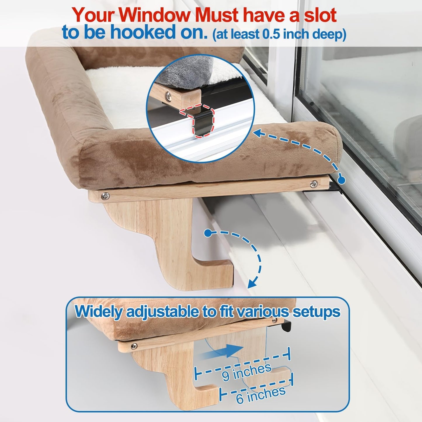 Cat Perch for Window Sill with Bolster - Orthopedic Hammock Design with Premium Hardwood & Robust Metal Frame - Cat Window Seat for Large Cats and Kittens - Natural Color Wood with Brown Bed