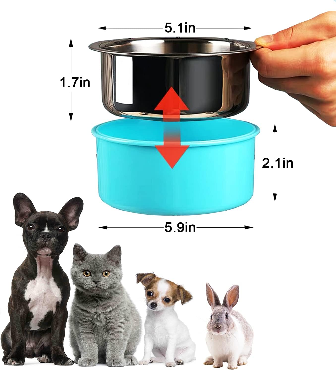 HERCOCCI Dog Crate Bowl, Removable Stainless Steel Pet Kennel Cage Hanging Food Bowls and Water Feeder Coop Cup Prevent Overflow for Puppy, Medium Dog, Cat, Rabbit, Ferret (2PCS)