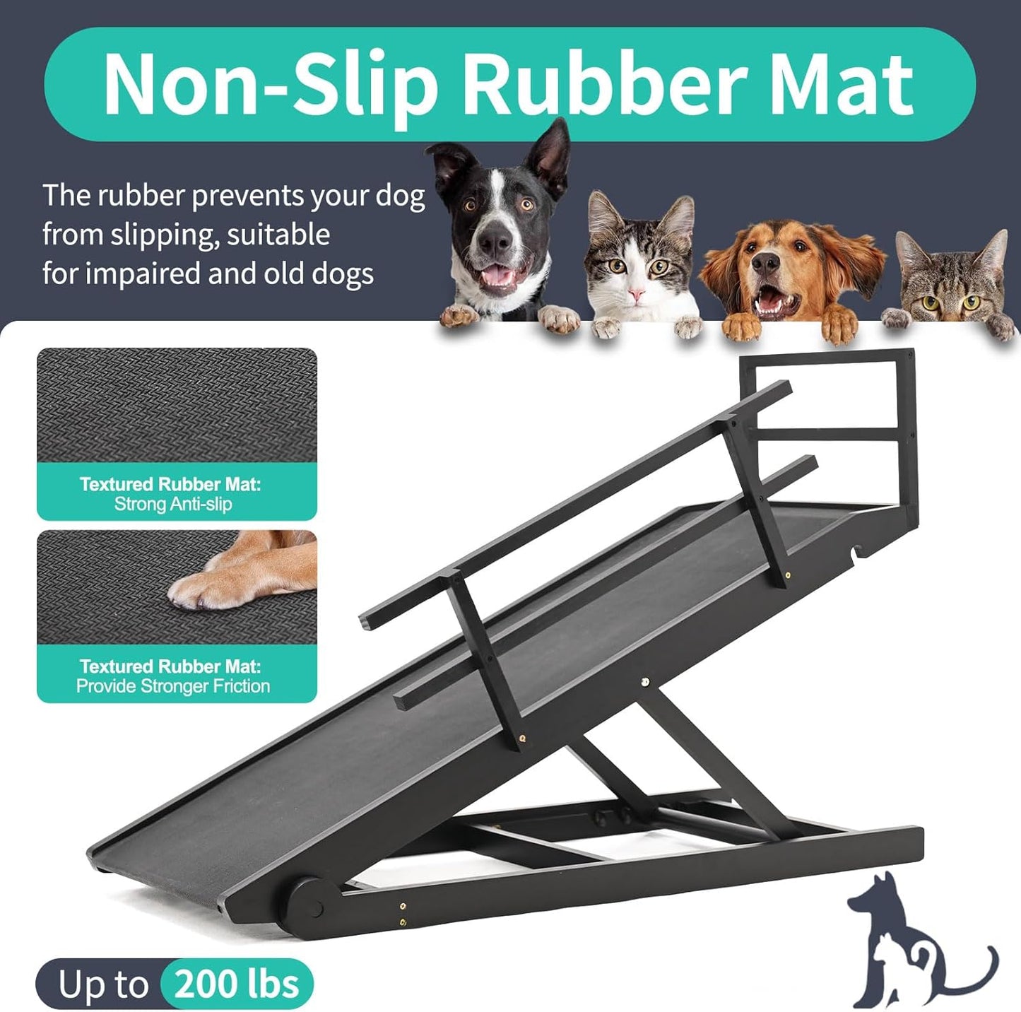 Dog Ramp, 5 Level Adjustable Wooden Folding Pet Ramp for Middle Bed, Couch,SUV-High Traction, Portable Paw Ramps for Small & Large Old Dogs & Cats - Furniture Quality