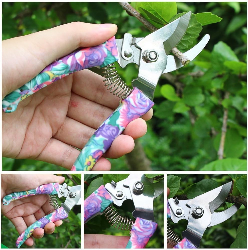 Garden Tools Set, 11 Pieces Gardening Gifts with Purple Floral Print, Ergonomic Handle, Trowel, Rake, Shovels, Pruner, Shears, Sprayer, Gloves, Garden Hand Tools with Carrying Case
