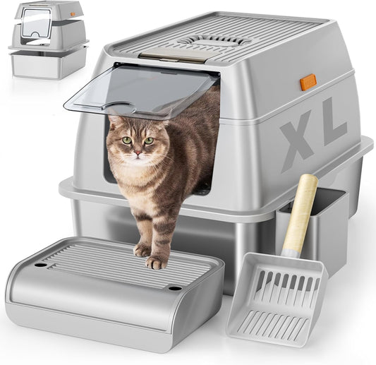 Stainless Steel Cat Litter Box with Lid, XL Extra Large Litter Box for Big Cats, Enclosed Removable Metal Litter Boxs with High Sided Enclosure & Scoop, Anti-Leakage, Non-Sticky, Easy Cleaning(Grey)
