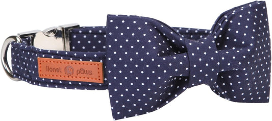 Lionet Paws Boy Dog Collar with Bowtie, Comfortable Adjustable Cute Navy Blue Bow Tie Collar for Male Dogs Gift, Large, Neck 16-24 inches