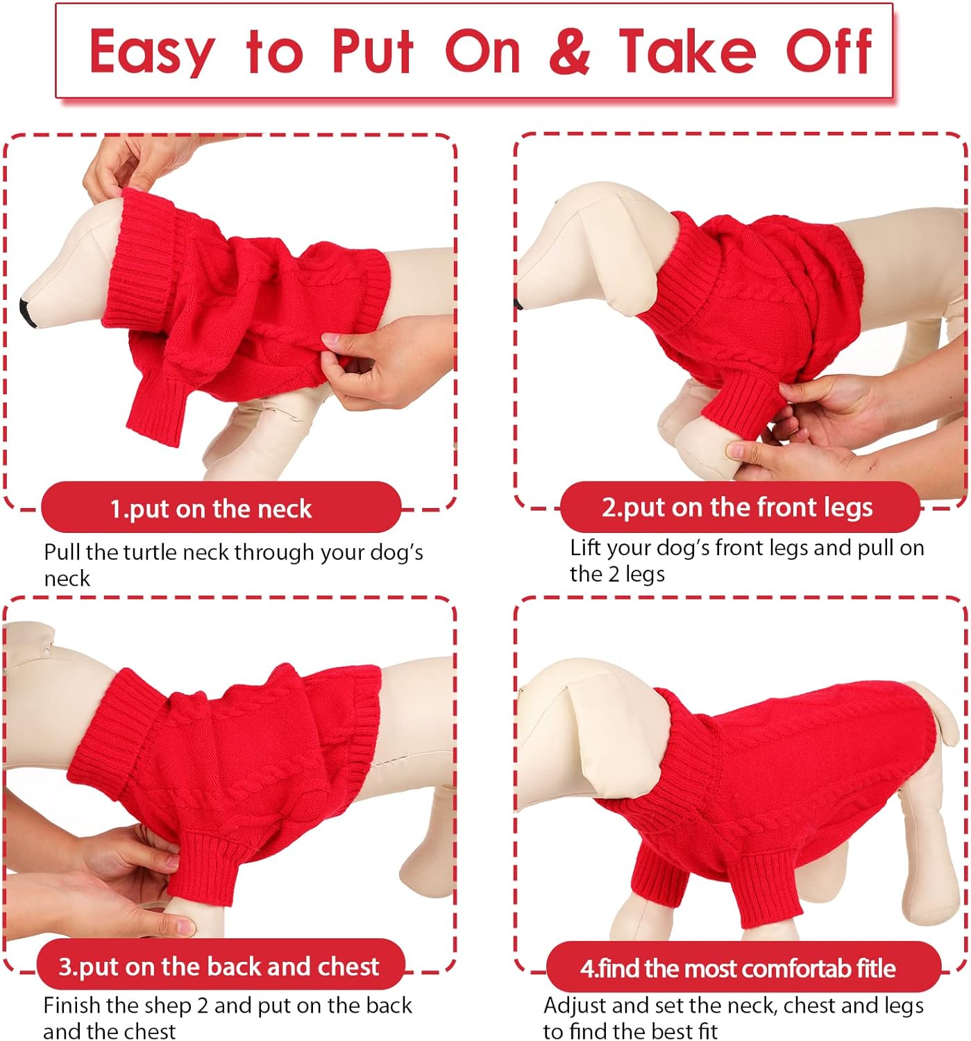 Queenmore Small Dog Pullover Sweater, Cold Weather Cable Knitwear, Classic Turtleneck Thick Warm Clothes for Chihuahua, Bulldog, Dachshund, Pug (Red, X-Small)