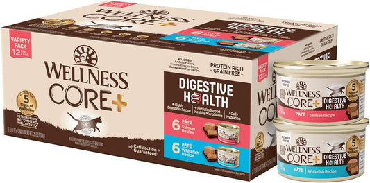 Wellness CORE+ Digestive Health Pate Adult Wet Cat Food, Natural, Protein-Rich, Grain Free, 3 Ounce, 12 Pack (Salmon & Whitefish Variety Pack)
