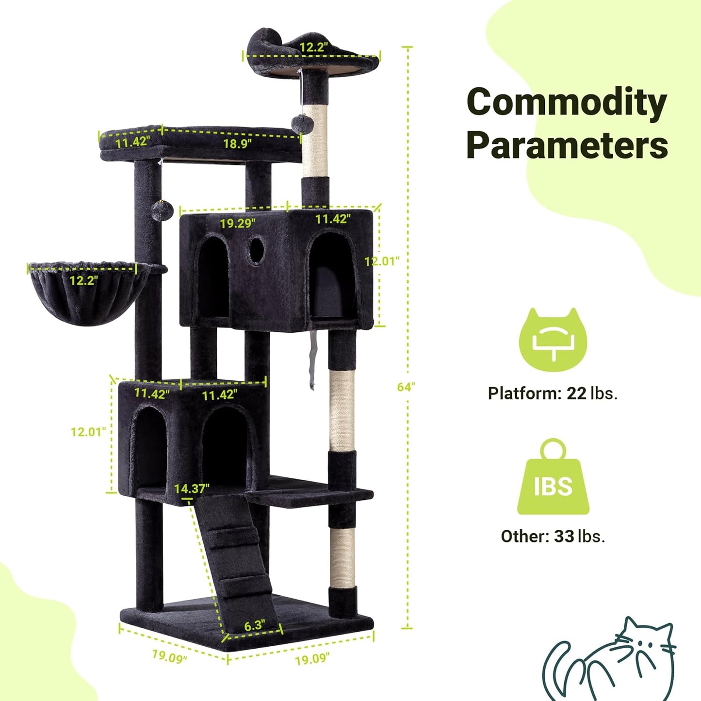 Allewie 64 Inches Cat Tree Tower/Multi-Level Activity Center for Indoor Big Felines/2 Plush Condos/2 Perchs/Basket/House/Sisal Scratching Posts/Hanging Cat Toys/Dark Grey