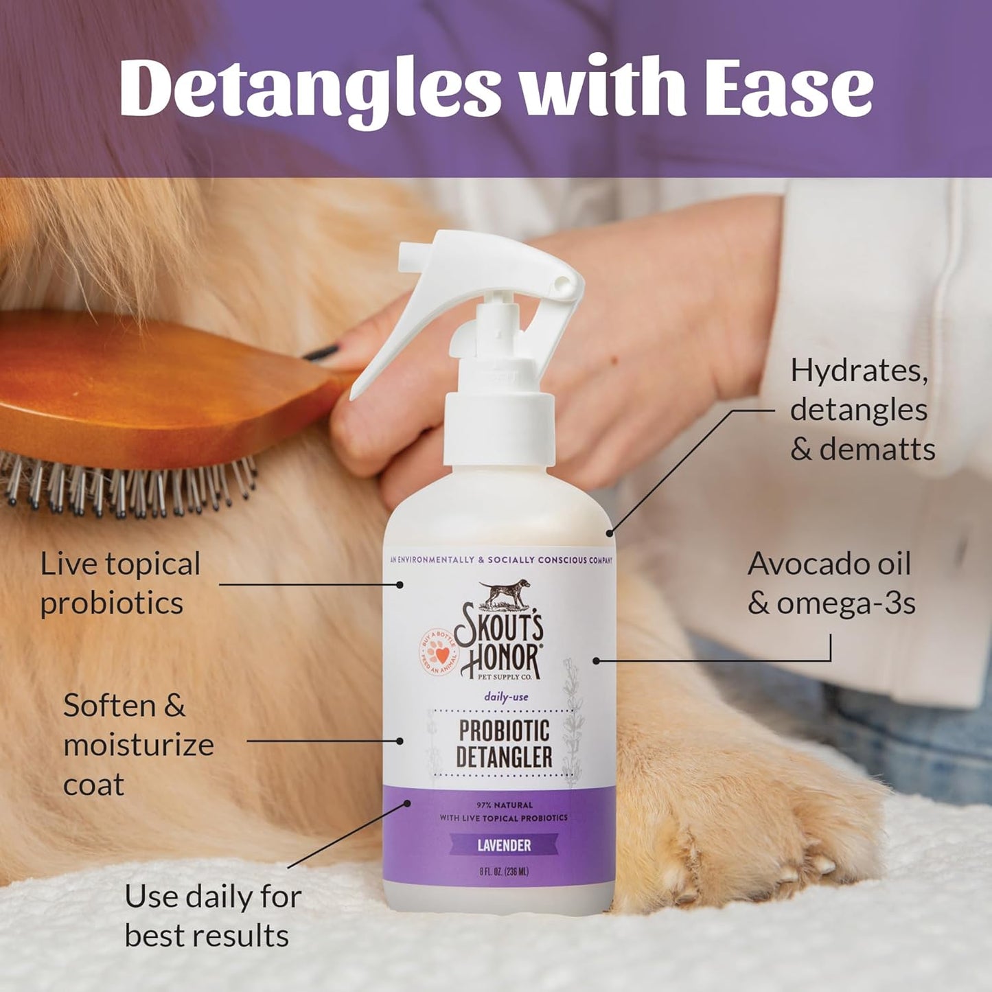 Skout's Honor Probiotic Pet Detangler Spray - Hydrating & Conditioning with Avocado Oil, 97% Natural, Paraben & Sulfate-Free, softens for a More brushable Coat, Daily Use, 8oz, Lavender