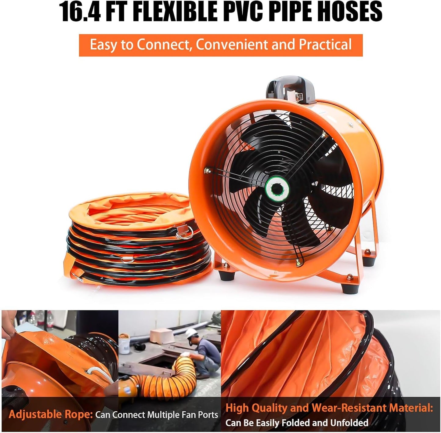 10-Inch High-Velocity Portable Utility Blower Fan, Industrial Exhaust Fan with 16.4ft Flexible Duct Hose, 3150 RPM Low-Noise Ventilator for Basements, Workshops, Warehouses, and Confined Spaces