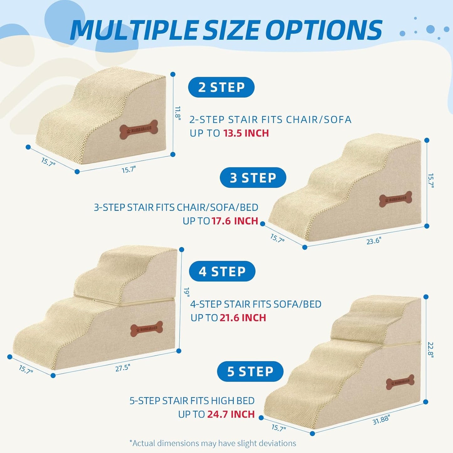 Dog Stairs 3-Step for Small Dogs and Cats to Get on Bed and Furniture/Windows, Pets Can Climb, Sit, or Perch to Look Out Windows, Extra Wide Dog Steps, Non-Slip Waterproof Fabric Cover, Beige（15.7" H）