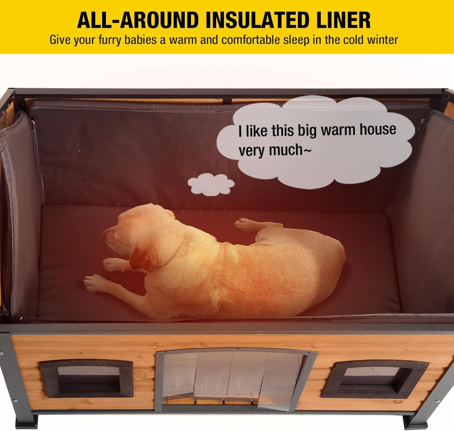 Aivituvin Dog House with Insulated Liner Anti-Chewing Metal Frame Design Insulated Wooden Dog Kennel with Unique Design Roof, Weatherproof Dog House for Outdoor Indoor