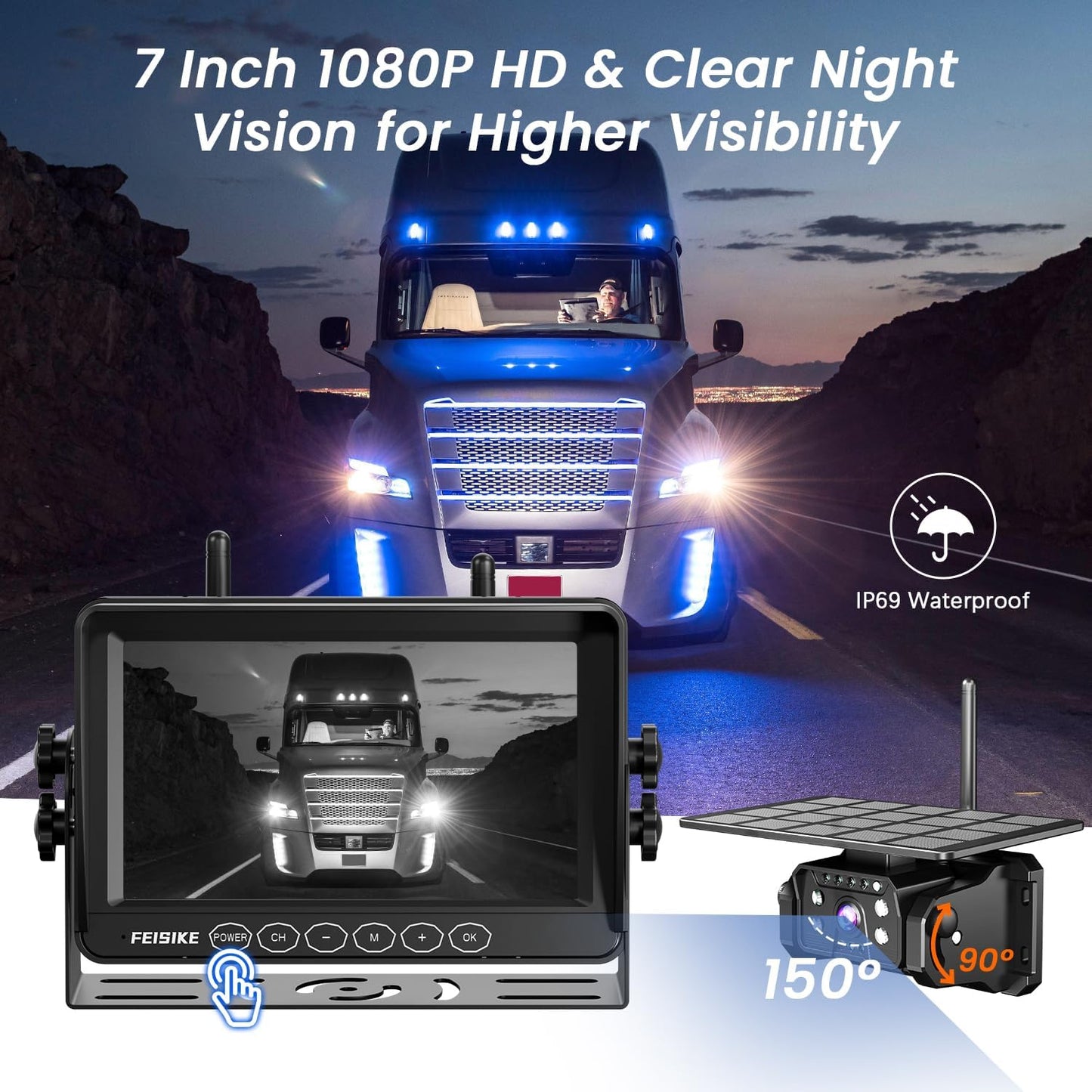 Magnetic Solar Wireless Backup Camera for RV Truck Trailer – 7" 1080P Monitor with Recording, 1-Min Install, No Delay, Wide View, IR Night Vision, 4 Channels, Auto-Sleep Rechargeable Rearview Camera