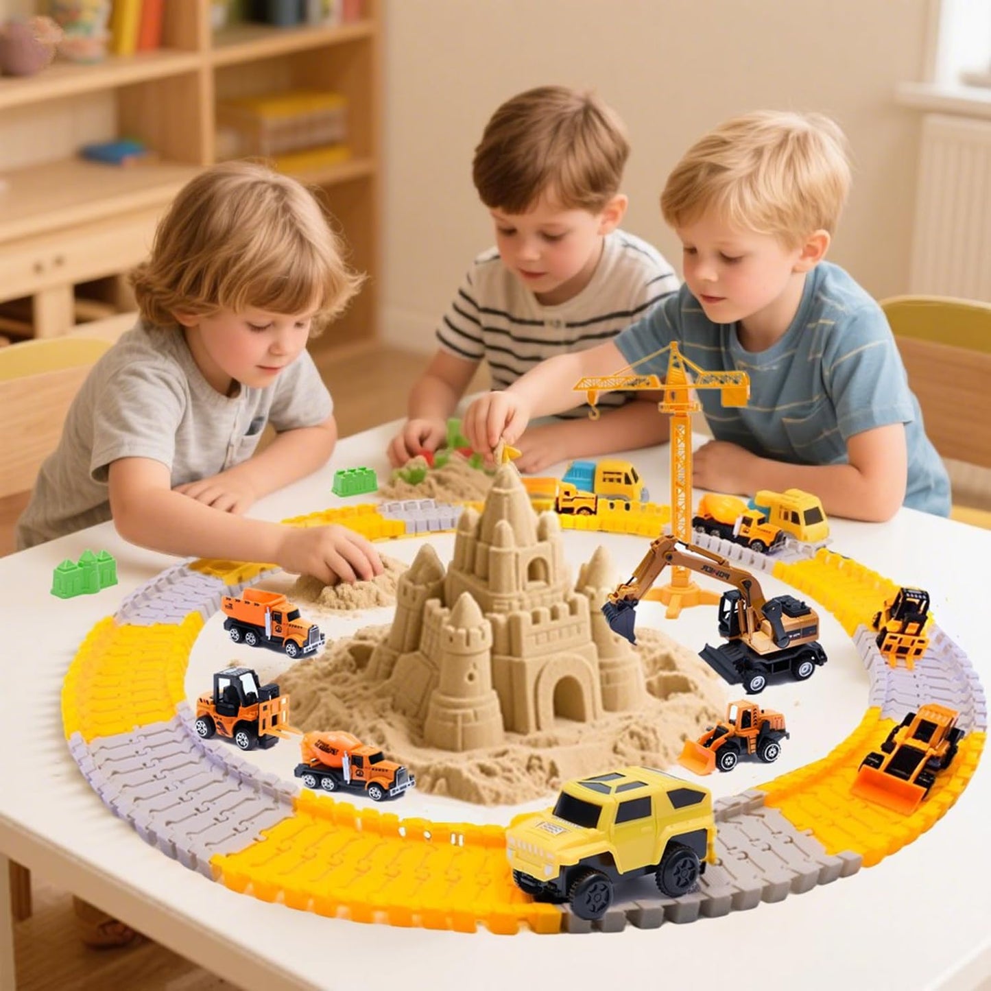 Sand Construction Kit, 2.2lbs Play Sand with Sandbox, 1 Toy Mat 8 Alloy Construction Trucks Race Tracks 10 Sand Molds Sensory Bin Toys for Toddlers Boys Girls Ages 3-8