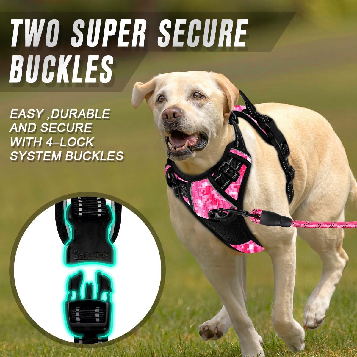 BARKBAY No Pull Dog Harness Front Clip Heavy Duty Reflective Easy Control Handle for Large Dog Walking(Pink camo,L)