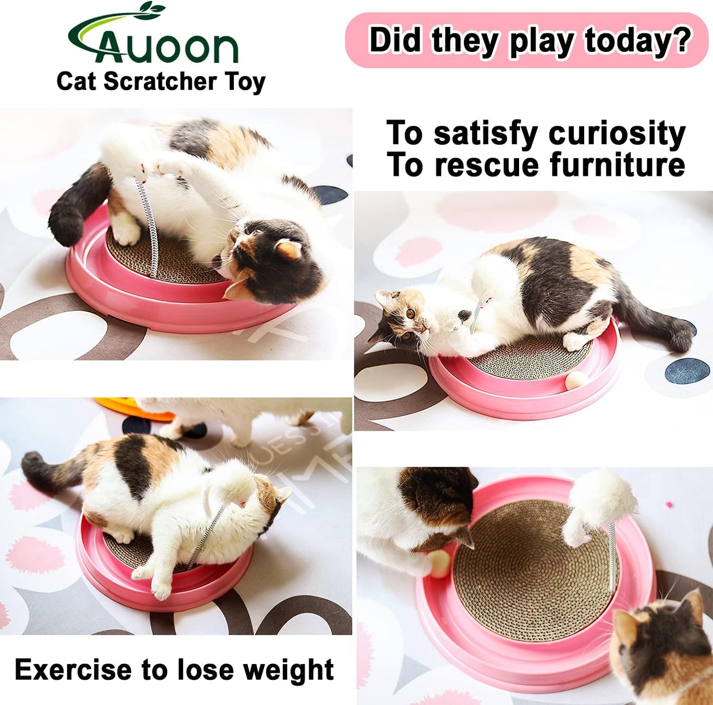 AUOON Cat Scratcher Toy - Cat Scratch Pad with Cat Toy Ball Track and Plush Mouse Toy for Indoor Cats and Kittens (Gray)
