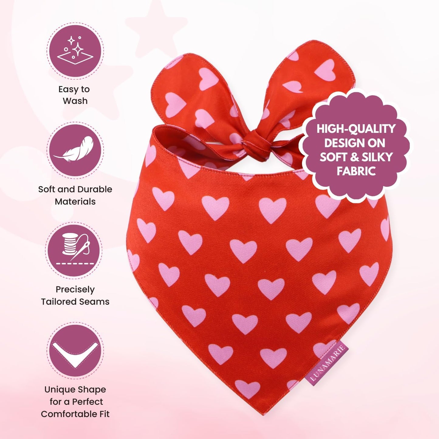 LunaMarie - Luxury Pet Birthday Bandanas -Premium & Silky Poly Fabric | 100% Handmade | Custom Shape Dual Layered (Evie Hearts, Medium)