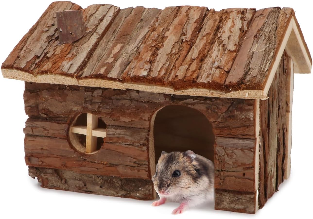 Hypeety Natural Wooden Hamster House Cage Small Animals House with Chimney for Pet Rats Gerbil Hideout Play House (M)