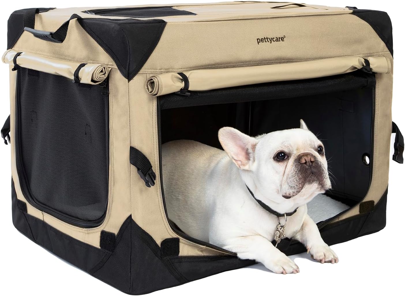 Pettycare 26 Inch Collapsible Dog Crate with Curtains Travel Dog Crate for Airflow and Calm Soft Pet Kennel with Portable Bag and More Chew Proof Mesh Indoor & Outdoor Beige 4 Door Curtains