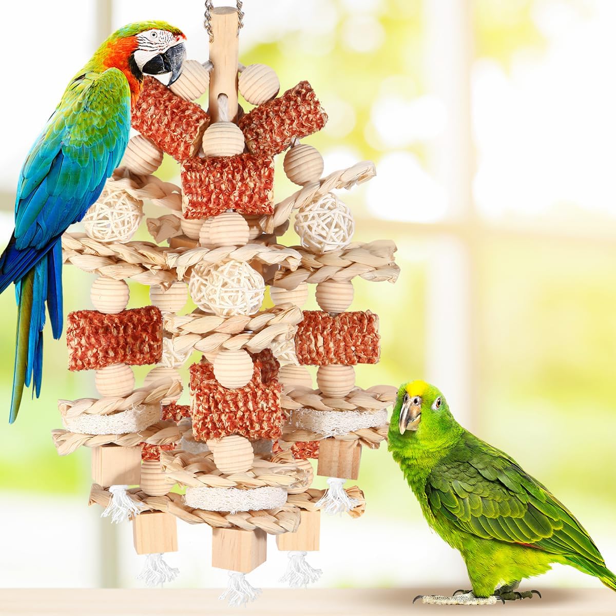 Bird Toys - Natural Corn Cob and Loofah Slices for Large Parrots, Like African Grey, Macaws, Cockatoos and Amazon Parrot - Wooden