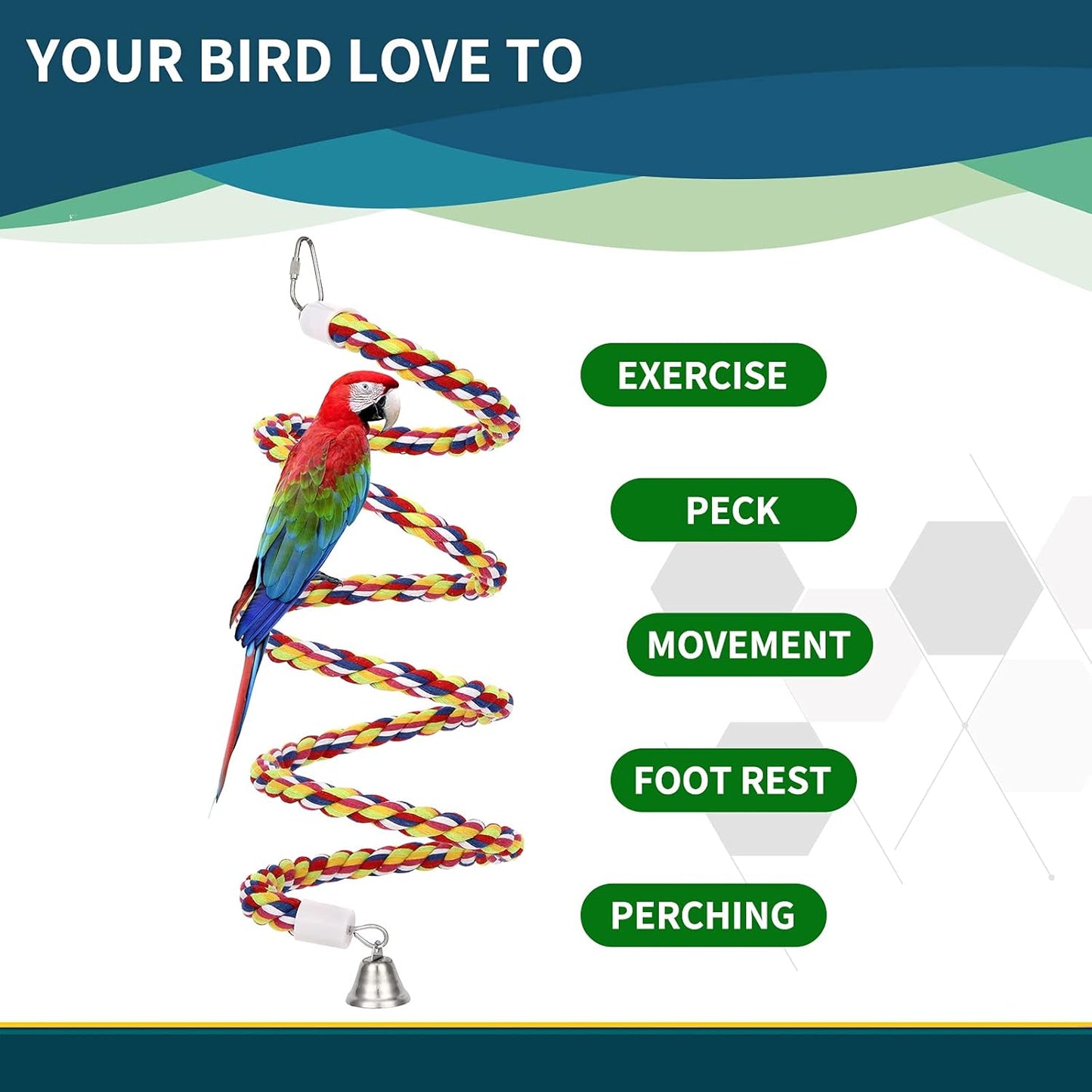 2Pcs 63'' Bird Rope Perches Birdcage Swing Toys 100% Cotton Natural Bird Perch Peck/Chewing with Bell Climbing Standing Bungee Parrot Toys for Small to Regular Size Parrot Cockatiel Birds