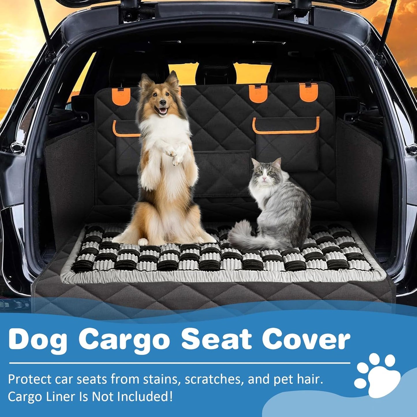 VClife Car Back Seat Cover for Dog, Non Slip Pet Bed Mat Washable Backseat Extender Cushion, Furry Dog Cat Travel Blanket Bed Modern White Black Plaid Bed, 59"×27.6"