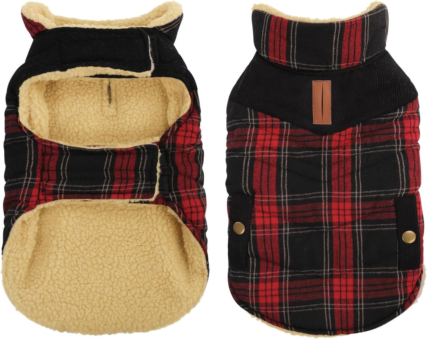Queenmore Dog Winter Coat Warm Dog Jacket for Cold Weather, Quilting Puffer Plaid Coats for Small/Medium Dogs Waterproof,Girl/Boy Pet Christmas Coat,Pet Snowsuit with Leash Hole/Fleece Padding, S