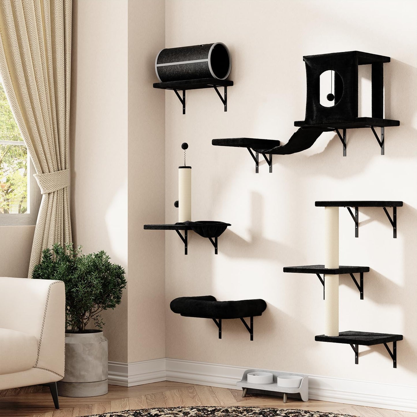 NUNU LAB 7-in-1 Wall Mounted Cat Climber Set, Cat Furniture with House, Tunnel, Bridge, Steps, Scratcher, Hammock, Shelves for Indoor, Black