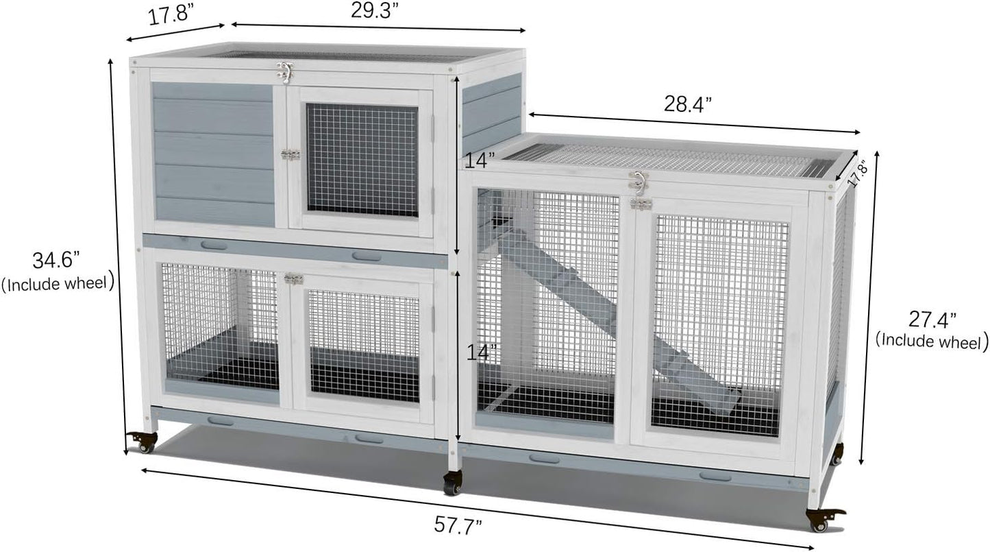 GDLF Two Floors 58" Wooden Indoor Bunny Hutch Rabbit Cage on Wheels Guinea Pig PET House for Small to Medium Animals Waterproof No Leak Tray
