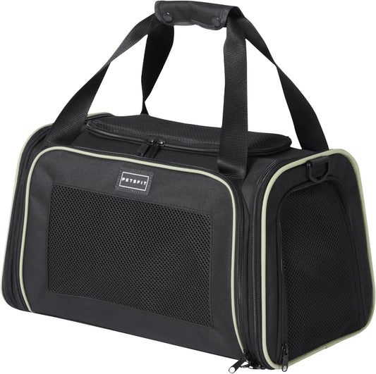 PETSFIT Pet Carrier Airline Approved with Extendable Mat, Dog Carriers for Small Dogs, TSA Approved Pet Carrier, Puppy Carrier for Small and Medium Cats Under 12 Lbs, Black