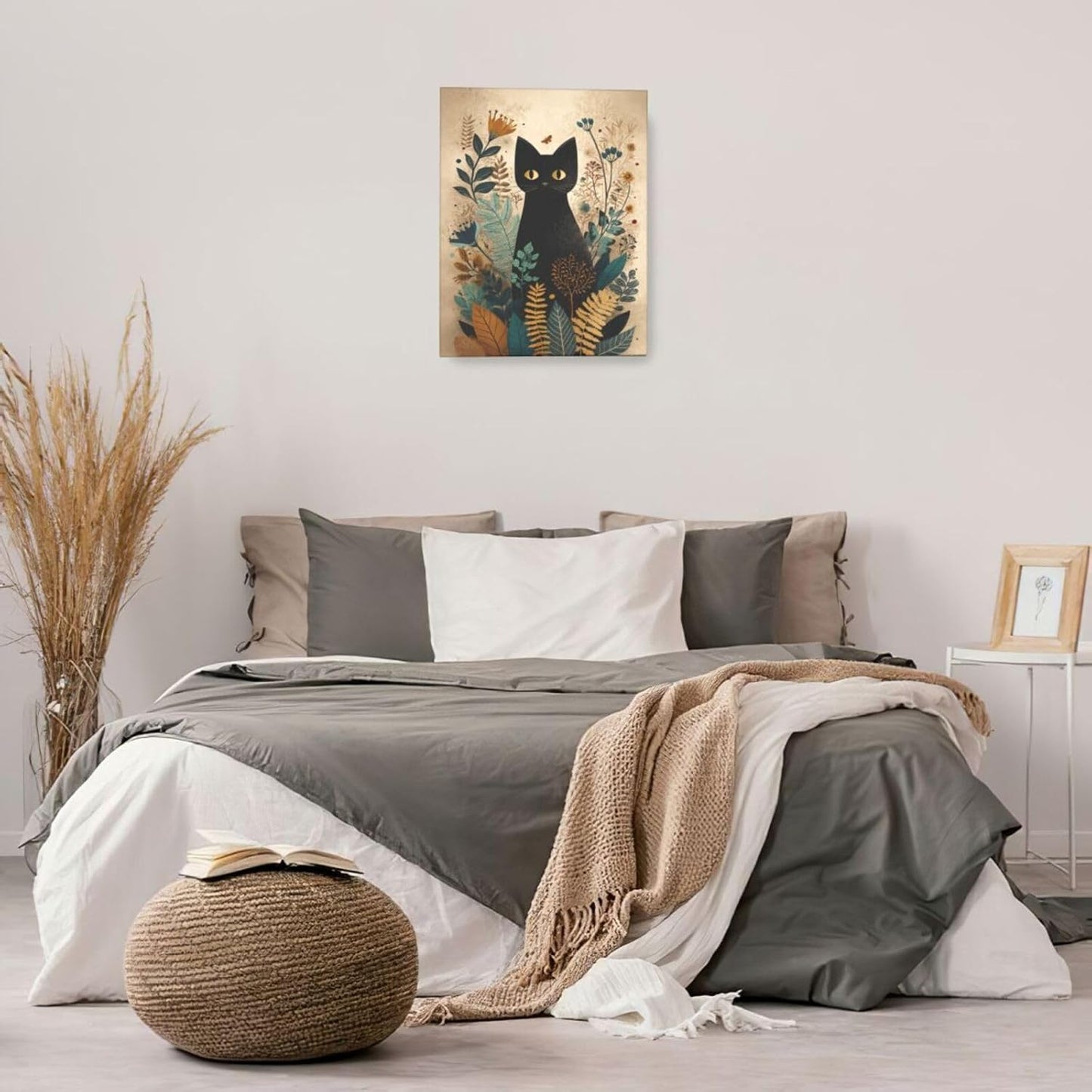 Boho Black Cat Wall Art Kitten Botanical Wall Decor Mid Century Modern Canvas Painting Print Minimalist Pictures Artwork Framed Decorations Gifts for Cat Lover Bathroom Nursery Living Room Bedroom Kitchen 16"x20"