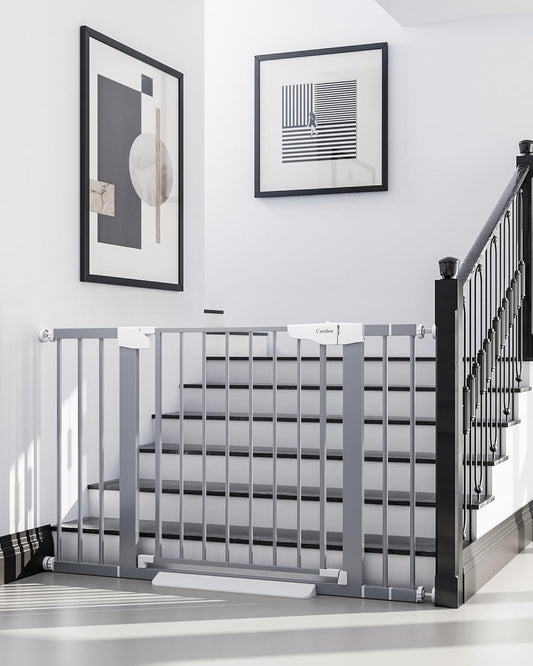 Cumbor 29.7-46" Baby Gate for Stairs, Gifts for Mom-Auto Close Dog Gate for The House, Easy Install Pressure Mounted Pet Gates for Doorways, Easy Walk Thru Wide Safety Gate for Dog, Gray
