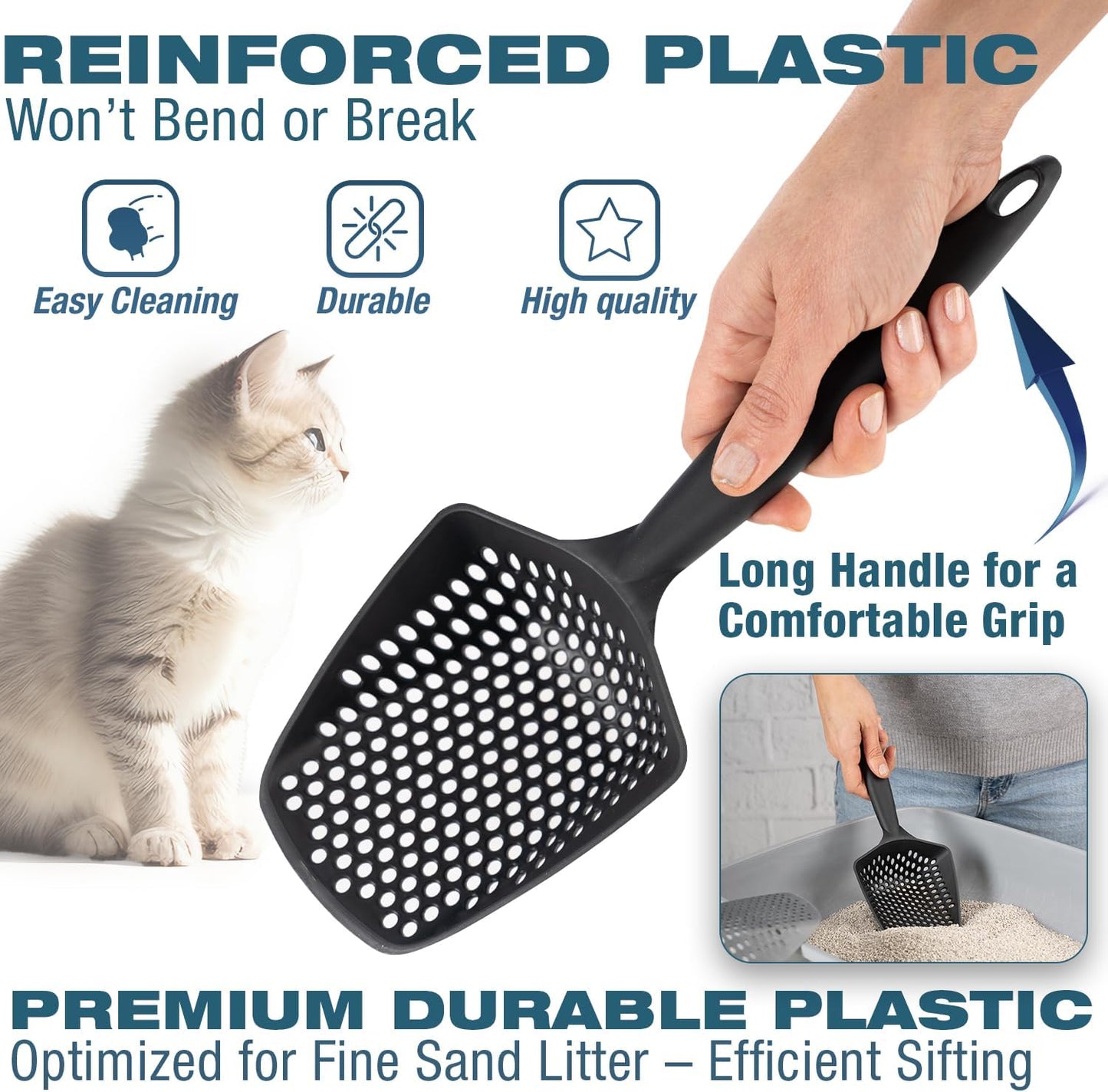 Set of 3 Cat Litter Scoop with Small Holes, Deep Sifting Shovel for Fine Litter, Reptile Terrarium Sand & Rabbit Pooper Lifter, Hanging Handle Poop Scooper (Gray, Set of 3)