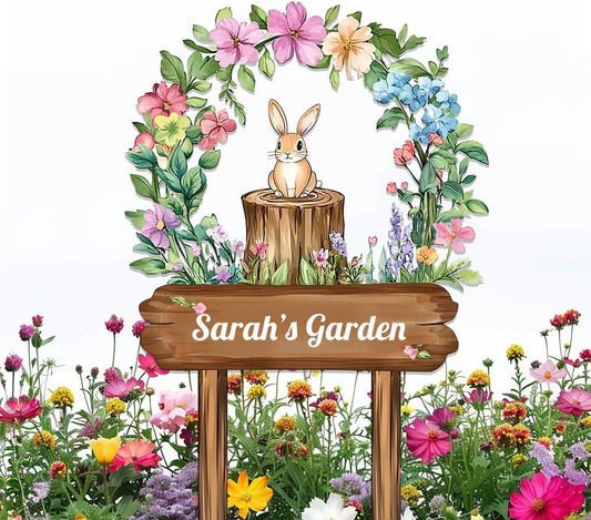 Personalized Rabbit Metal Sign with Stake,Custom Gardener Last Name Signs Outdoor Decor,Customized Flowers Gardening Birthday Gifts,Cute Animal Plaques for Patio Lawn Porch Backyard Farmhouse Outside