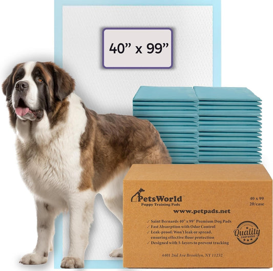 PETSWORLD Mega-Sized Dog Pee Pads (40" x 99") – 4XL Gigantic Pet Piddle Pads for Puppy Training, Incontinence – with Adhesive Sticky Tape – Leak Proof, 5-Layer Protection (160 Count)